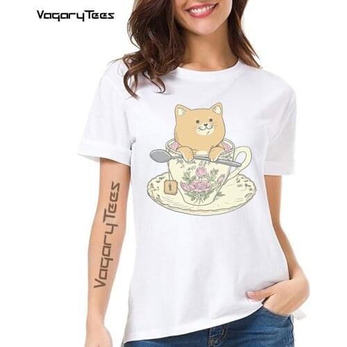 Summer Fashion Women Short Sleeve Tea cat time Drinking Tea Print T-Shirt Cat Harajuku Woman Casual Tops Cute Girl Tee shirt