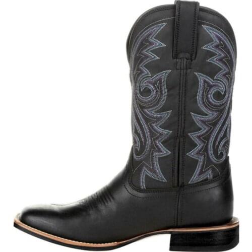 Cowboy Boots Black Brown Faux Leather Winter Shoes Retro Men Women Boots Embroidered Western Unisex Footwear Big Size 48