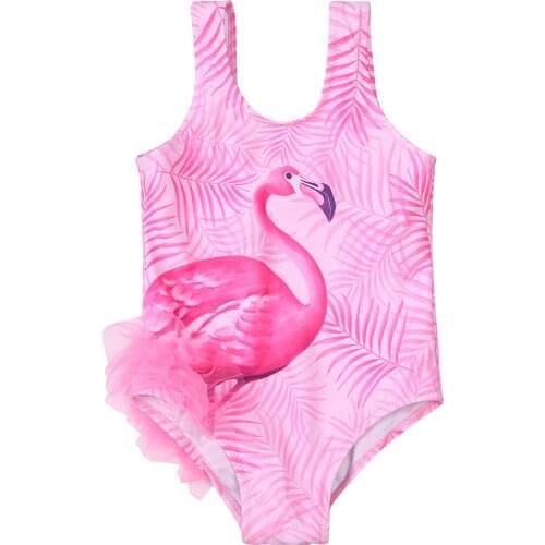 New Little Girls Swimsuit, Summer Children Cartoon Flamingo Printing Sleeveless Swimwear for Vacation Travel