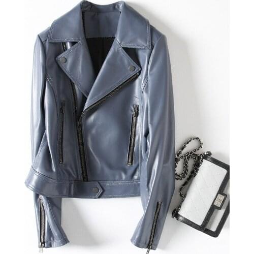 Blue New Slim Motorcycle Genuine Sheepskin Coats Women Fashion Real Leather Jackets Ladies Brand Quality Clothes