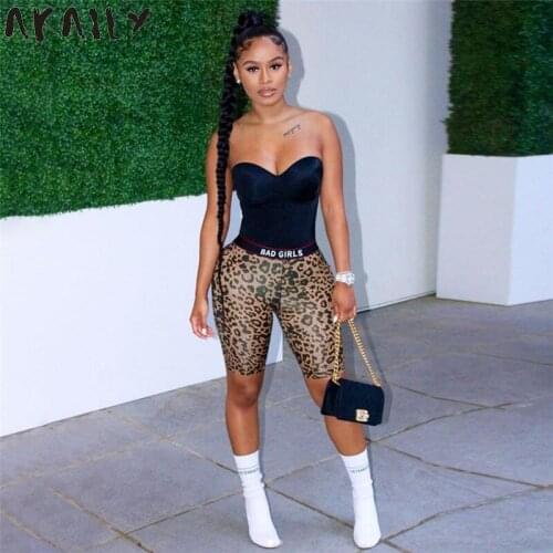 Akaily Summer Leopard Print Rompers Women Bodycon Short Jumpsuit Black Elastic Strapless Backless Patchwork Playsuit Female 2021