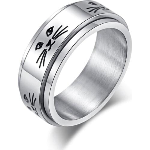 Spinner Stainless Steel Cat Ring for Women Men Cute Cat Face Wedding Band Rings Jewelry Fashion Simple Unisex Accessories 8mm