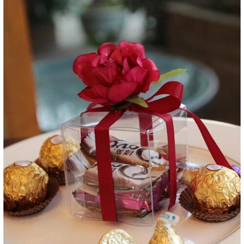 Clear PVC Favour Boxes Wedding Birthday Party Candy Macaron Cake Engage Flower Ribbon Square Gift Box festive supplies