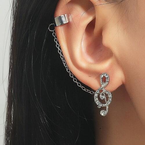 1Pc Rhinestone Musical Note Tassel Chain Ear Clip Stud Earrings for Women Girls Geometric Gold Silver Color Earings Jewelry Gift