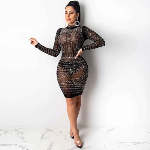 Mesh sexy See-Though Dress Gold and silver bicolor Hot Drilling Rhinestones Short dress Turtleneck Bodycon party Club Dresses