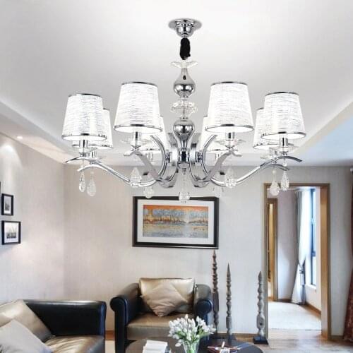 Modern Europe Pendant Ligting Living Room Chrome Metal E14 Chandelier Fabric Shades Led Chandelier Lighting Lustre Crystal Lamp