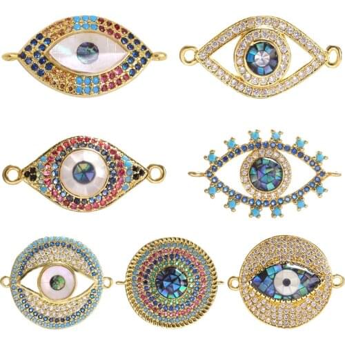 Juya DIY Turkish Lucky Eye Jewelry Making Gold Abalone Shell Greek Evil Eye Connectors For Handamde Bracelet Charms Wholesale