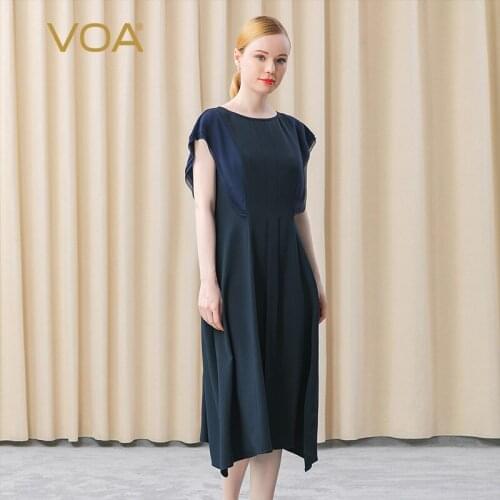 VOA High Quality Mulberry Silk 36m/m Elastic Heavy Crepe Bump Qiaoqi Stitching Feifei Sleeve Natural Waist Woman Dress AE605