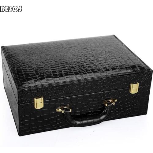 High-end Black Brown Crocodile Grain Flannelette Lined New Year Party Red Wine Shoes Double Buckle Hand Carry Gift Box B325D