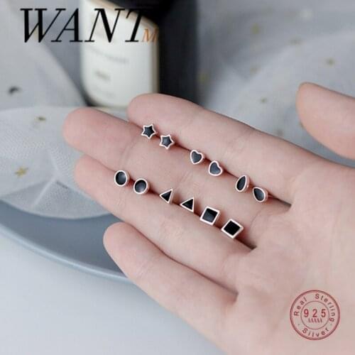 WANTME Mini Cute Geometric Black Zircon Stud Earrings for Women Genuine 925 Sterling Silver Minimalist Teen Girl Daily Jewelry