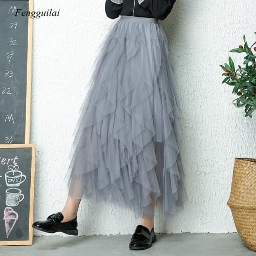 Autumn Winter Tiered Tulle Skirt Women 2021 Casual Patchwork Tutu Skirt Female Elegant Beach Skirts Jupe Longue Femme
