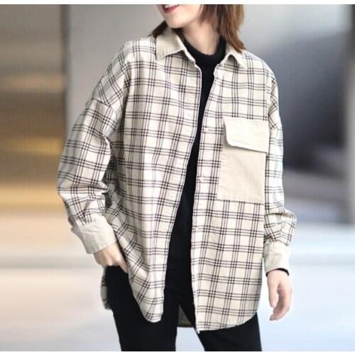 Spring Fashion Single Pocket Women Plaid Shirt Long Sleeve Lapel Tops Camisas Mujer Korean Style Checkered Corduroy Blouses 2021