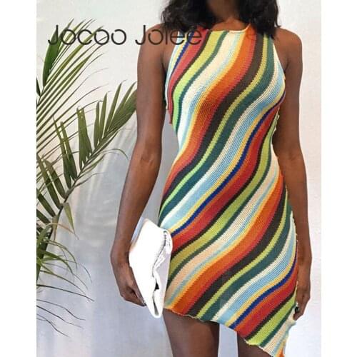 Jocoo Jolee Knit Stripped Irreglar O-Neck Off Shoulder Hit Color Sleeveless Women Summer Sexy Skinny Club Mini Dress Party