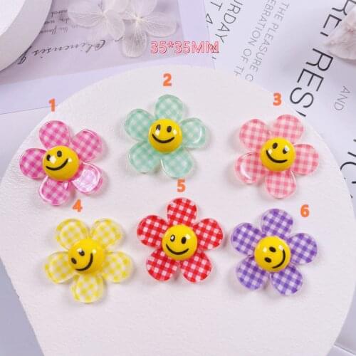 6pcs 35*35mm Acrylic charms Smiling flower Kawaii Pendant for Key Chain Flat back paste Accessories