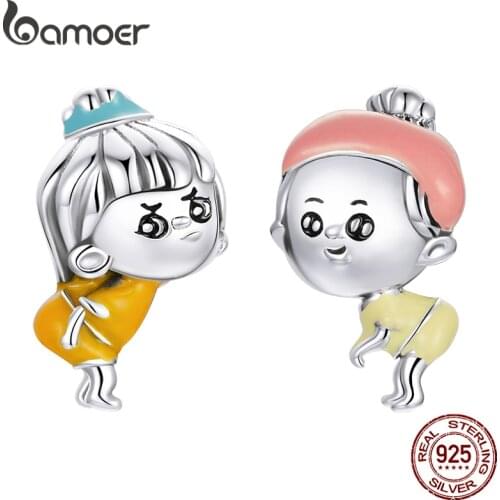Bamoer Silver Newborn Baby Little Girl Charm Sister Twins 925 Sterling Silver Charm for Original Bracelet DIY Jewelry SCC1844