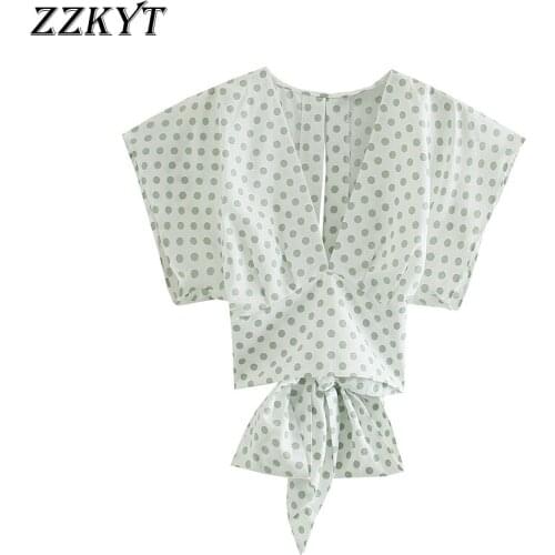 ZZKYT 2021 Women Summer Fashion Sweet Polka Dot Blouses Vintage V-Neck Sleeveless Back Bow Tie Female Shirts Chic Bluzki Tops