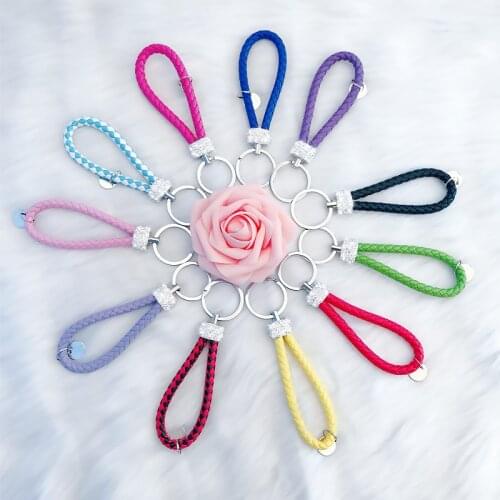 Handmade 12 Colors Sparkling Crystal PU Leather Knitted Rope Keychain For Couples Women Girl Car Bag Accessories Keyring