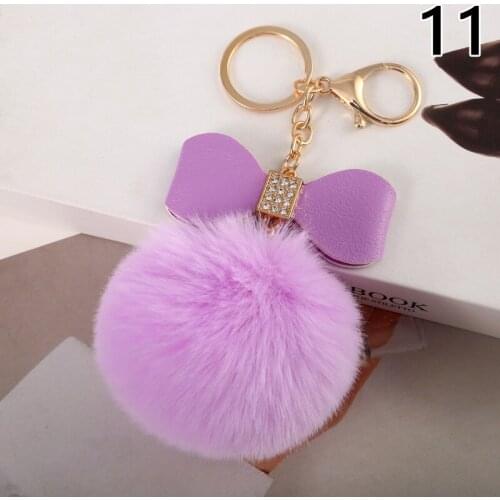 Faux Fur Pompon Keychain Women Key Chain Rhinestone Leather Bow Knot Artificial Rabbit Ball Bag Pendant Car Key Ring Gift
