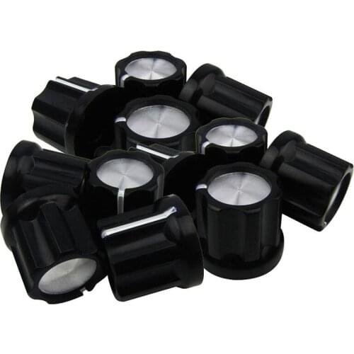 D-Type Shaft Guitar Bass Pot Knobs Amp Knobs Buttons Caps, Black With Silver Top, Pack Of 12