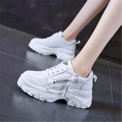 Spring Autumn Thick Soled Daddy Shoes Womens 2021 New Fashion Female Sneakers White Leather Versatile Casual Sports Single Shoe