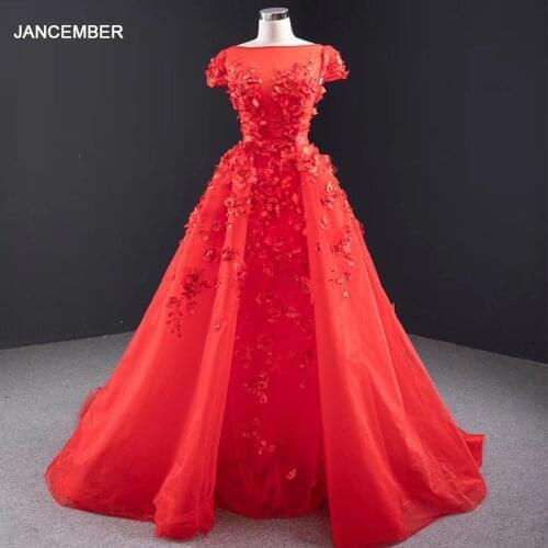 J67077 Jancember Party Dress 2020 Women Evening Elegangt O Neck Cap Sleeve Detachable Train Red Evening Dress Robe Soiree Dubai