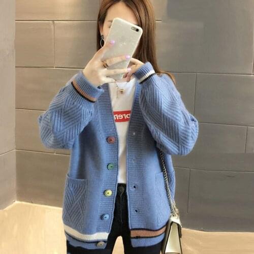 Autumn Winter Women Sweaters 2021 Casual V-Neck Color Buttons Knitted Cardigan Outwear Single Breasted Long Sleeve Loose Sweater