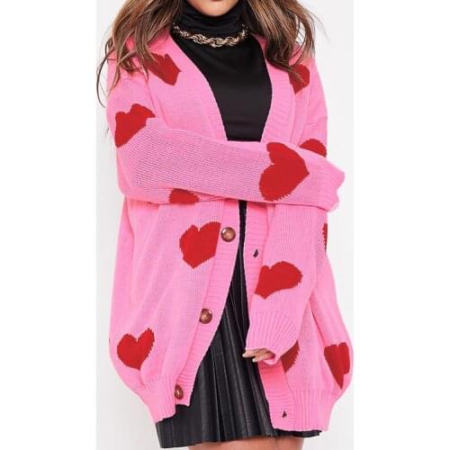 Sweet Pink Heart Print Y2k Oversized Knitted Cardigan Sweater Women Autumn V Neck Long Sleeve Button Warm Knitwear Knit Cardigan