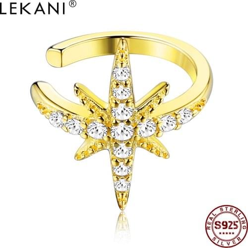 LEKANI Shining Star Ring Earrings Sterling Silver 925 Jewelry For Women Luxury 5A Cubic Zirconia Clip Earring Anniversary Gift