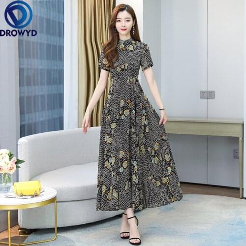 Summer Beach Black Print Maxi Dress 2021 Fashion Short Sleeve A-Line Chiffon Boho Elegant Big Swing Long Party Dress Vestidos