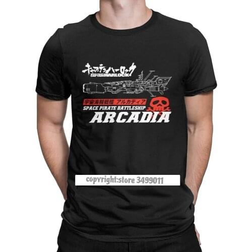 Men Tee Shirt Battleship Arcadia Funny Pure Cotton Tees Space Battleship Yamato Japanese Fiction Anime Tshirts O Neck Tops