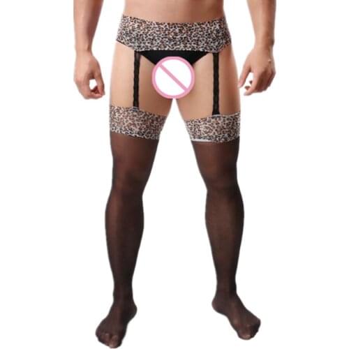 Mens Sexy Leopard Pantyhose Mens Sheer Tights Crotchless Stockings Fetish Panty Hose for Male Underwear Lingerie DropShipping