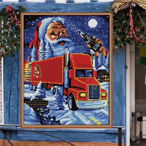 Santa Claus red truck Cross Stitch Kits Easy Printed pattern canvas Embroidery Needlework set Cartoon Cross-stitch Home Decor