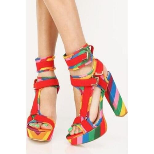 Newest Mixed Color Womens Square Heel Sandals Platform Metal Buckle Strap Dress Shoes Orange Pink White Gladiator Sandals Shoes