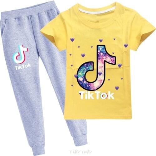 3-12 Years Kid Baby Girl Tik Tok Clothes Pink Short Sleeve Tops+Pants Leggings Outfit Kids Tracksuits For Girls Clothing Set