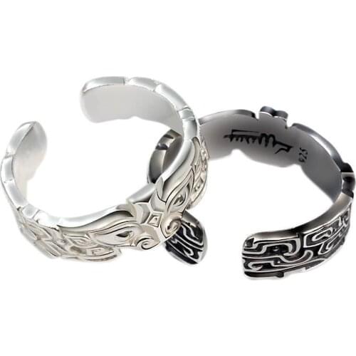 925 silver animal face pattern retro no mosaic cold temperament exaggerated opening adjustable male and female couple rings