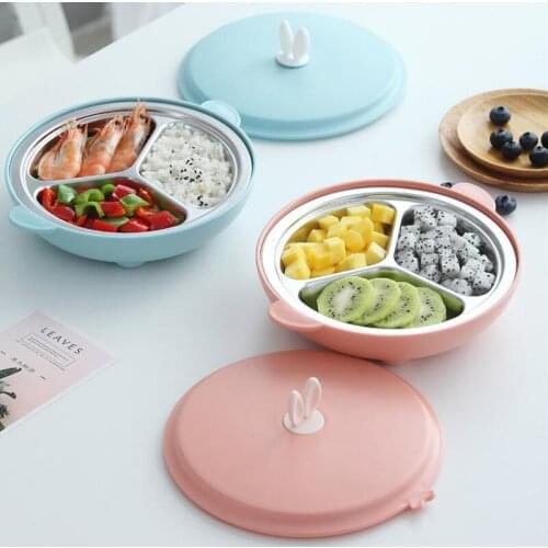 Food Grade 304 Stainless Steel Insulation Bowl Dishes Pasta Rice Fruit Snacks Divided Plate Tableware With Lids For Kids Adult