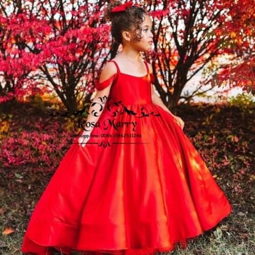 Princess Red Flower Girls Dresses for Wedding 2021 Ball Gown Simple Satin Toddlers Kids Birthday Communion Dresses for Girls