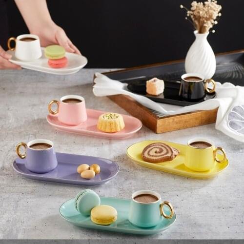 Luxury Turkish Coffee Cup Set, Arabic Coffee Set Set of 6 with colorful presentation plates