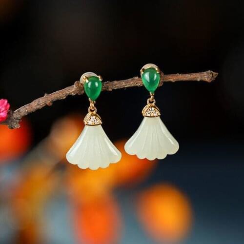 S925 Sterling Silver Fanshaped Eardrops Natural Hetian Jade Small Skirt Stud Earrings Antique Earrings Elegant Graceful Simple J