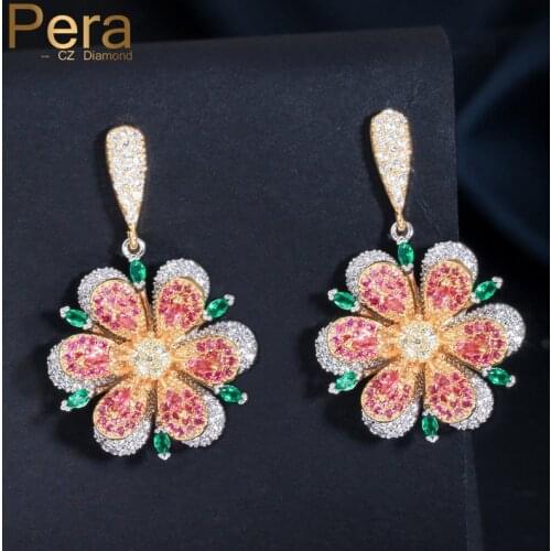 Pera Geometric Big Dangle Flower Jewelry Sterling Silver 925 Rose Red and Emerald Green Crystal Long Drop Earring for Women E099
