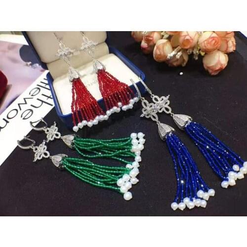 European American styles green purple blue faced stone white freshwater pearl micro inlay zircon accessories earrings