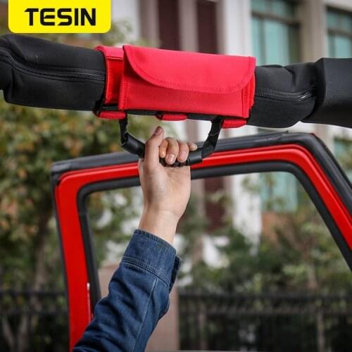 TESIN Car Roll Bar Grab Handle with Sunglasses Holder Storage Bag Armrest Pouch Bag for Jeep Wrangler CJ TJ JK JL Accessories