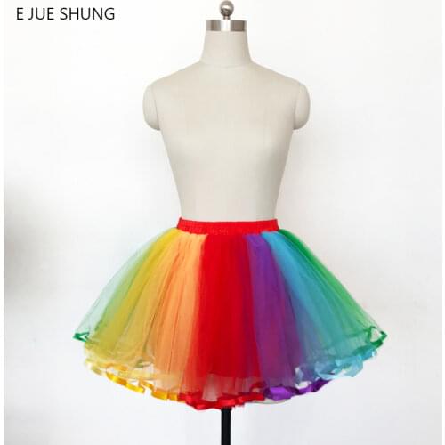 E JUE SHUNG Lolita Cosplay Petticoat Short Tutu Skirt Rainbow Colorful Underskirt Short Dress Rockabilly Crinoline