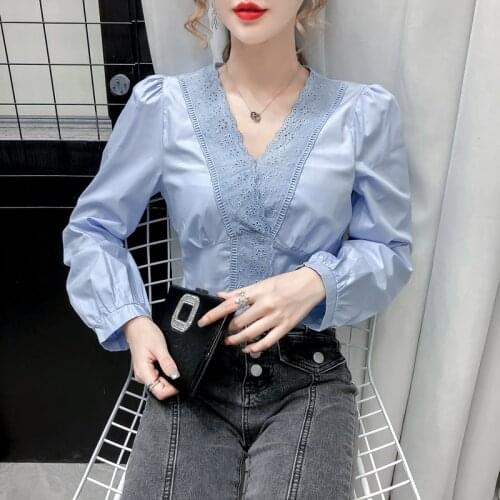 New blusas mujer de moda 2020 Korean Style V Neck Long Sleeve Women Blouse Shirt Solid Color Korean Fashion Clothing 663A
