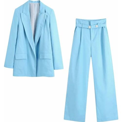 Za Women Fashion Wear Double Breasted Blue Blazers Coat Vintage Long Sleeves Outerwear And High Waist Casual Pants 2-piece Set