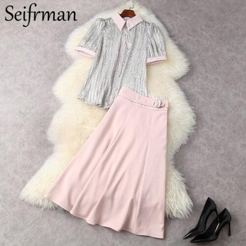 Seifrmann New 2021 Summer Women Fashion Runway Skirts Set Short Sleeve Loose Shirts + High Waist Pink Print Midi A-Line Skirts
