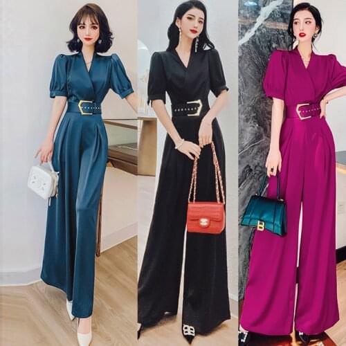 Office Ladies Fashion Jumpsuit With Belt 2021 Summer Luxury Short Sleeve Wide Leg Pant Playsuit Korean High Waist Bodysuit Women