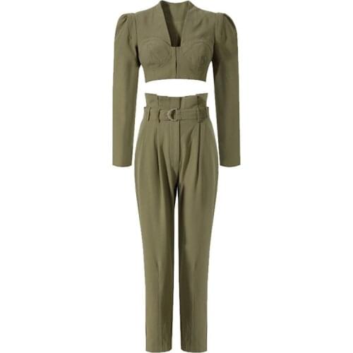 SeeBeautiful Two Pieces Short V-neck Long Sleeve Balzers Coat Lace Up Belt High Waist Pants Women Autumn 2021 New Fashion G259