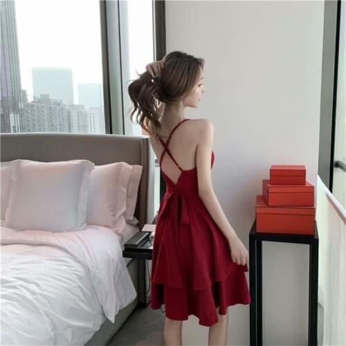 Red Sexy Style Beach Dresses for Women Fashion Brand V-neck Low-cut Ruffles Backless Spaghetti Strap Dress Evening Party New