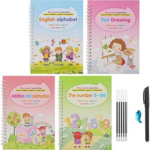 4 PCS Sank Magic Practice Copybook English for Kids Reusable Magical Copybook Kids Tracing Book for Handwriting Copybook